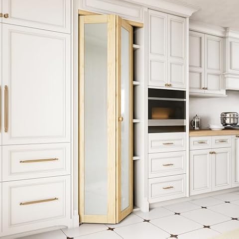 JUJUBON 24'' x 80" Glass Bifold Closet Door, Pine Wood Interior Door Slab with Tempered Frosted Glass, Folding Barn Door Interior with Hardware, Fascia & Knob, Unfnished Smooth Surface Cover