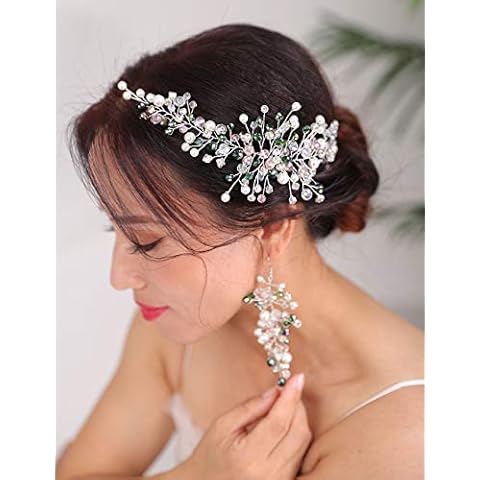 Deniferymakeup Emerald Bridal Hair Piece Green Bridal Accessory Bridal Hair Vine Turquoise Wedding Headband Bridal Hair clip Pearl Hair Comb Jewelry Set,Set of 2 (Rose Gold) Cover