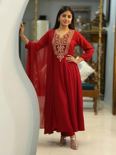 Image of ANNI Designer Women Viscose Embroidered Anarkali Kurta with Palazzo and Dupatta | Ladies Kurta Palazzo Dupatta Set | Ethnic Wear Indian Traditional Clothing for Women