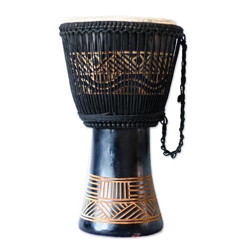 NOVICA Geometric Black and White Wood Goatskin Djembe Drum with Cotton Strap, Ultimate'