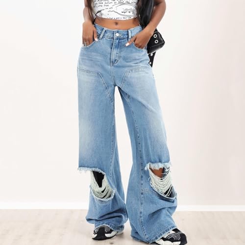 Women's Casual Loose Ripped Denim Pants Distressed Wide Leg Hiphop Fashion Teen Girls Y2k Streetwear High Waisted Jeans2