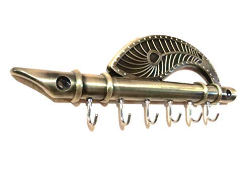 Image of Collectible India Metal Krishna's Flute and Peacock Quills Wall Stand Key Chain Holder with Six Hooks (Golden, 18cm x 6cm)