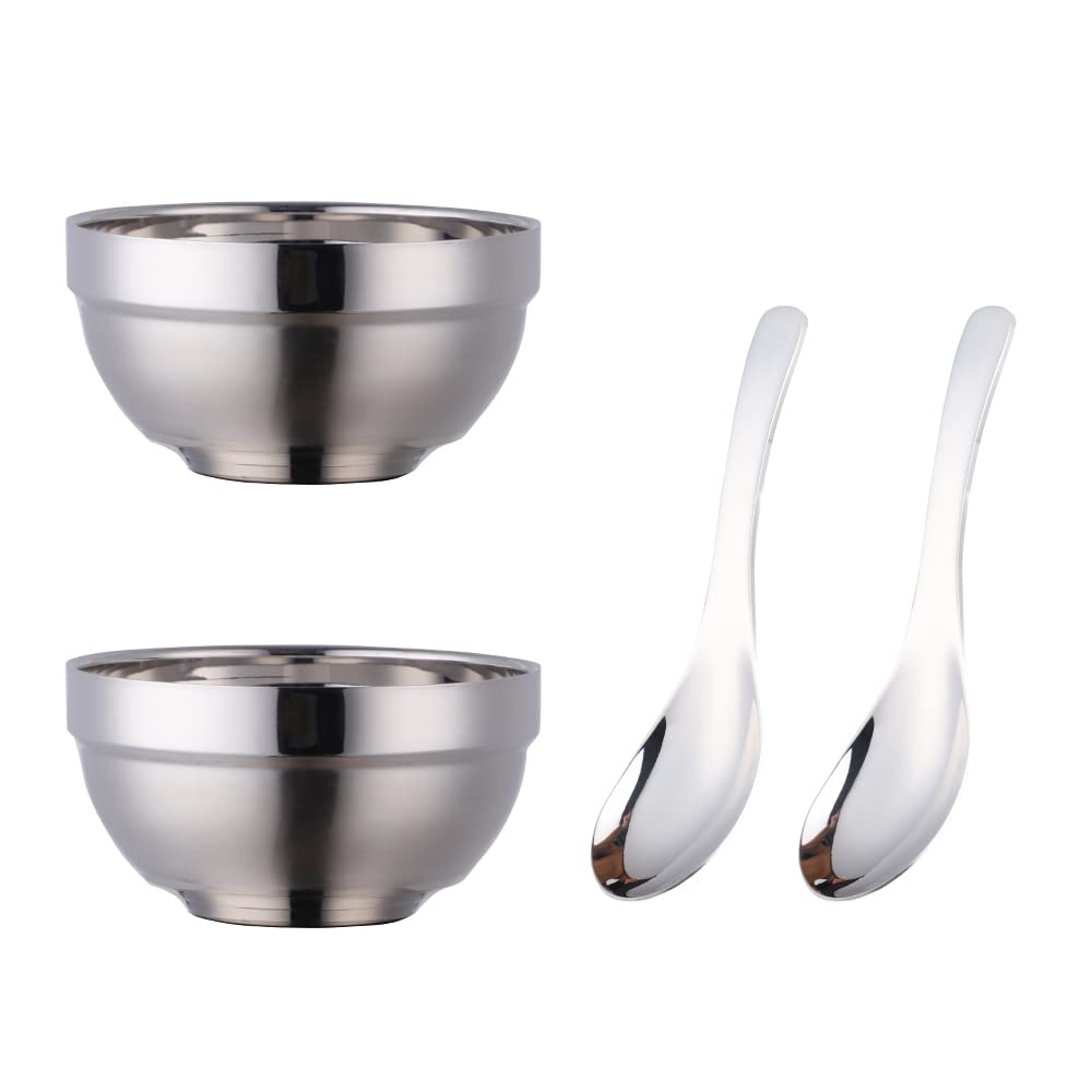 Amazon | ステンレス茶碗 飯碗 レンゲ セット 2名用 直径11.5cm