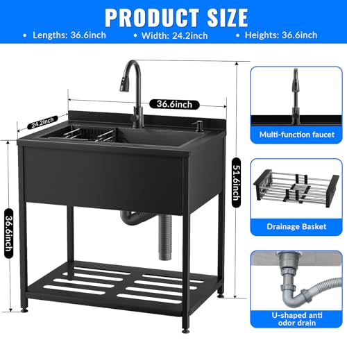 Image of Stainless Steel Utility Sink, 36.6 inch x 24.2 inch x 36.6 inchFreestanding Sink with Cold and Hot Water Faucet,Hoses and Drain Kit for Kitchens, Bathrooms, Garage, Laundry Room