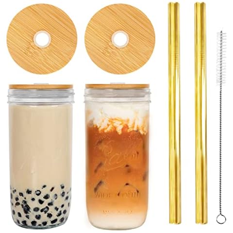 ANOTION Mason Jar with Lid & Straw, 24oz Wide Mouth Drinking Glasses Tumbler Silicone Sleeve Bamboo Lid, Reusable Boba Cups Travel Bottle for Iced Coffee Large Pearl Juices, Transparent & Golden Cover