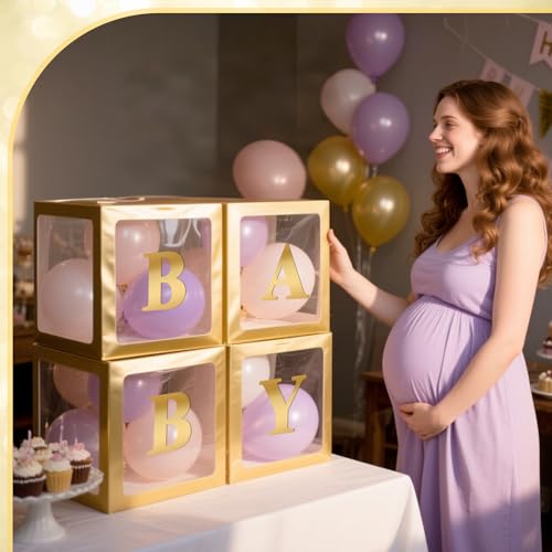 Image of Ledido Baby Boxes with Letters for Baby Shower Decorations, 4 pcs Clear Balloon Boxes with Letters for Boys Girls Gender Reveal Decorations Birthday Wedding Backdrop Party (Gold)