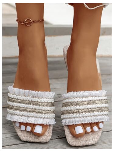 GORGLITTER Women's Braided Boho Sandals Dressy Fringe Square Toe Slides Cute Summer Vacation Flat Sandals2