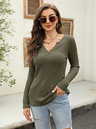 Image of Farktop Womens Long Sleeve Tops Henley V Neck Lightweight Pullover Sweaters | Casual, Loose Fit, Fall, Winter, Warm, Waffle Knit Shirts
