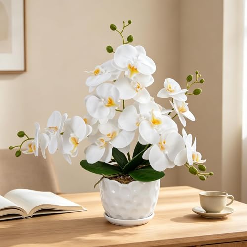 Fairblo Orquídea artificial de 17 pulgadas en maceta, flores artificiales blancas, orquídeas falsas, planta de orquídea sintética de seda, arreglo floral para sala de estar, centro de mesa, oficina