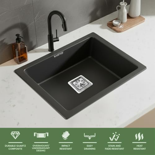 Image of BASINQU Quartz Sink for Kitchen | 21x18x9 Inches Quartz Kitchen Sink Black | Granite Sink For Kitchen Basin UV Protected, Granite Scratch Resistant, Undermount /Topmount Sinks