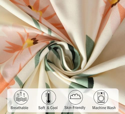 Image of DECOMIZER Glace Cotton King Size AC Comforter - Soft Blanket & Duvet with 1 King Size Elastic Fitted Bedsheet 72 inchX78 inch & 2 Pillow Covers - 4 Piece Comforter Set - Cream Floral - 300 TC