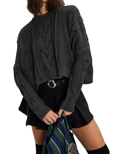 Dsewpaur Cable Knit Cropped Sweater for Women Crew Neck Long Sleeve Chunky Pullover Loose Fall Winter Outfits Black