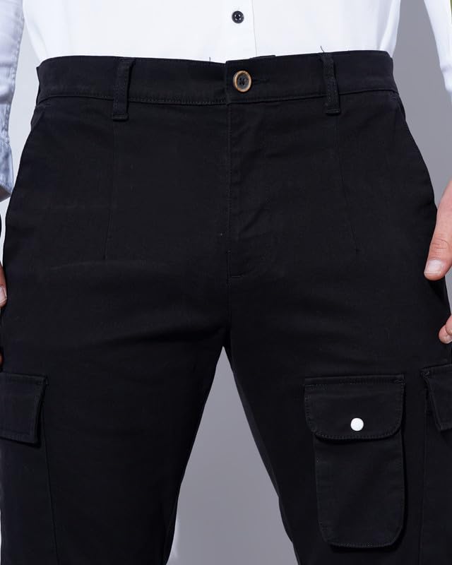 Image of British Club 98% Cotton, 2% Elastane Slim Fit Cargo Jogger Pants | Flat-Front Design | Adjustable Waistband | Multiple Pockets | Lightweight Fabric | Modern Style | Comfortable | Durable Black