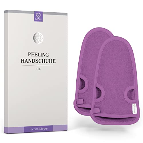 LoWell® 2 Stück Peelinghandschuh Körper, Hamam Handschuh Peeling für Körper und Gesicht, Handschuh Peeling, Exfoliating Gloves, Body Scrub, Bonus Peeling Guide und 2 Saugnäpfe, Lila