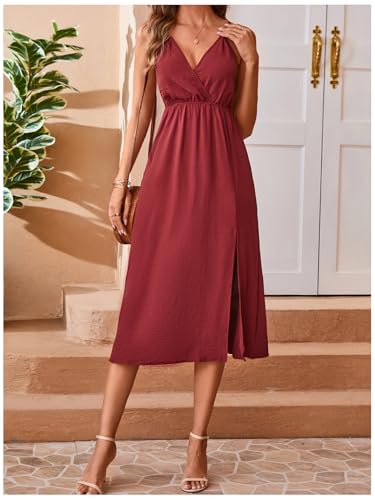 Image of SweatyRocks Women's Tie Backless Split Midi Dresses Sleeveless V Neck Textured Summer Dress
