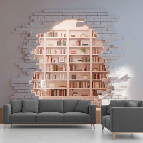 Papier Peint Bibliothèque, Papier Peint Panoramique étagère à Livres Mur De Brique, Papier...