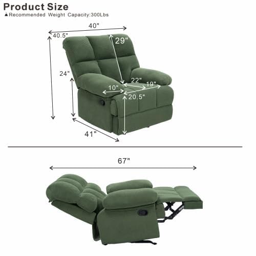 Image of Queen Manual Rocker Recliner Chair with Adjustable Backrest, Green