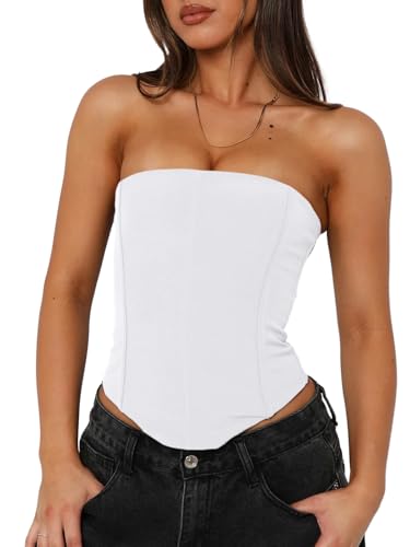 UNCOOYEE Womens Sexy Corset Tube Top Summer Trendy Lace-Up Backless Y2K Going Out Tank Tops Cute Slimming Crop Tops for Teen Girls Date Night Party White Small