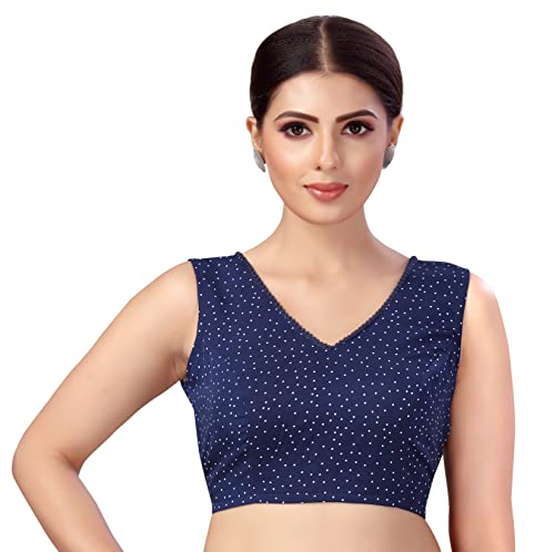 Image of Studio Shringaar Women's Readymade Polyester Navy Blue with White Dot Printed Sleeveless Saree Blouse