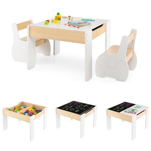 COSTWAY 4 en 1 Juego de Mesa y Silla Infantil, Mesa Infantil de Madera con 2 sillas, Manualidades, Dibujo, Lectura, Mesa Escritorio Infantilcon Almacenaje, Pizarra Desmontable para Guardería (Blanco)