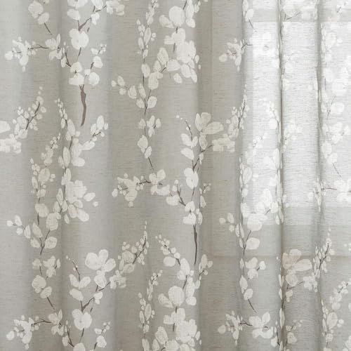 Image of BFAM Sheer Curtain with Floral Print, Premium Printed Sheer Drapes, Eyelet /Grommet Curtain for Living Room, Bedroom, Light Filtering Curtains, Grey Floral 12 Feet,Pack of 1 Curtain