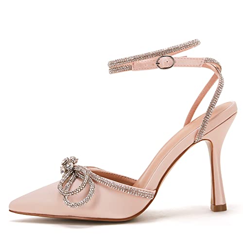 Tinstree Wedding Heels For Bride,High Stilettos Strap Ankle Buckle Rhinestones Sandals For Women Satin Wedding Shoes Pointy Toe Stiletto Sandals Pump Sandals Slingback Kitten Heel Pink,09 #TOP1