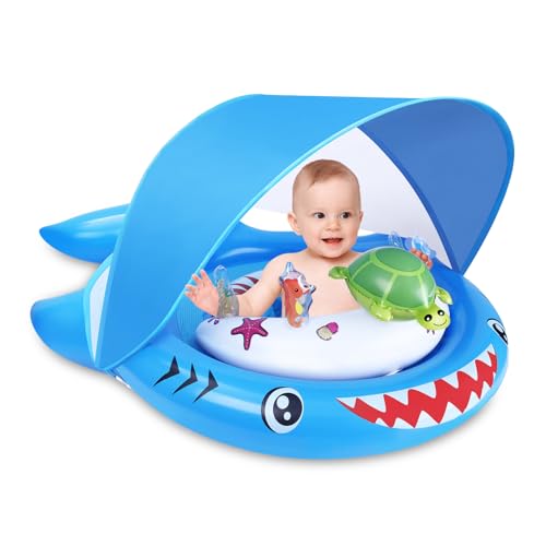 CICITOYWO Baby Pool Float with UPF50+ Sun Protection Canopy, Inflatable Toddler Swimming Float with Ocean Animal Toys, Infant Pool Floaties with Adjustable Safety Seat for Kids 6-36 Months