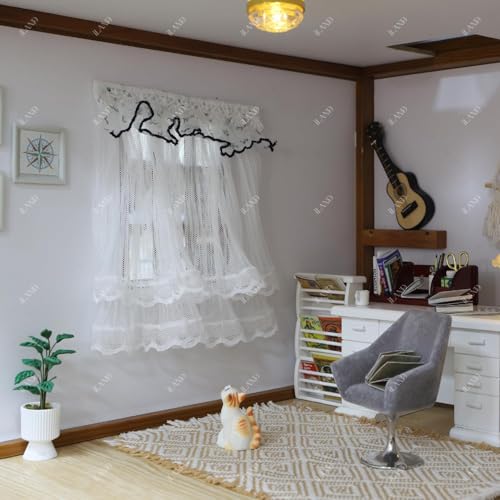 Image of iLAND 1 /12 Scale Accessories Miniature Dollhouse Curtains Delicate White Sheer Lace Curtains with Blue Trim 2PCS for Dollhouse Windows Furniture Cute Decor Mini Decorations Small Gift