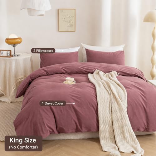 Image of ECOCOTT Duvet Cover King Size, 100% Washed Cotton Linen Feel Comforter Cover - 3pcs Dusty Rose Bedding Set with Zipper Closure & Corner Ties
