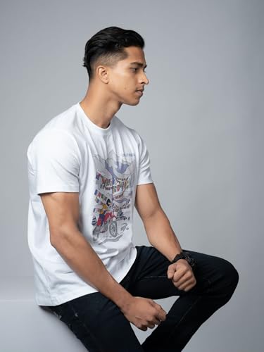 Image of T-Shirt for Men - 100% Cotton Ladakh Motorcycle Rider Half Sleeve Round Neck Graphic Print | Regular & Oversized Fit | 180 /220 GSM | S-5XL | Black, Navy Blue, Olive, Red, White