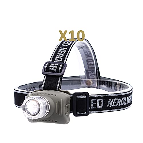 SMAMS linterna frontal cabeza led, ángulo ajustable de 90 grados, enfoque con sistema de zoom lente, con 4 modos de control de intensidad de brillo, 3 pilas AAA incluidas (10 unidades)