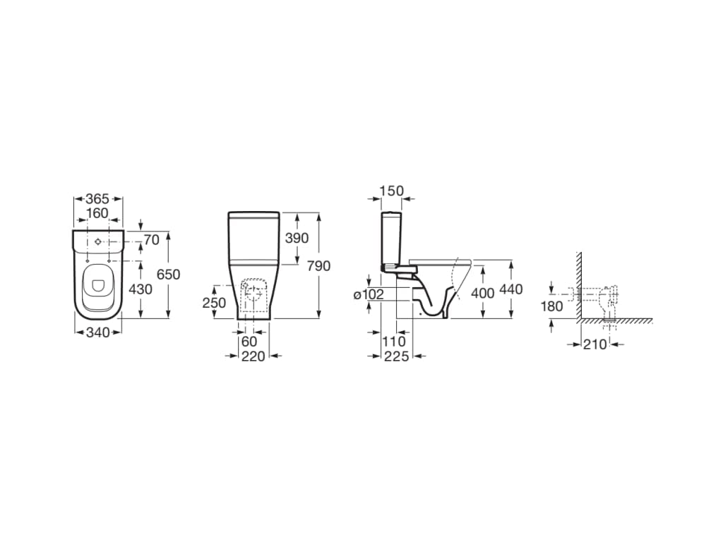 Roca,The Gap,SQUARE - Taza con salida horizontal para inodoro de tanque bajo,Blanco,365mm x 650mm x 790mm,A342477000