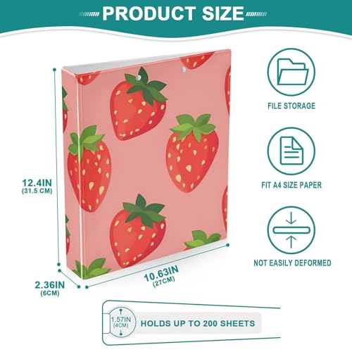 Image of 3 Ring Binder Strawberry Berry Red Fruit 1.5 inch Binders Three Ring Binders with Clipboard Fit 8.5'' x 11'' Paper 3 Interior PVC Clear Pockets for Office Supplies