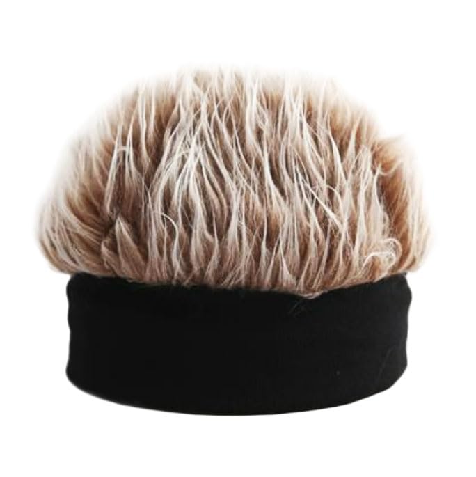 Mens Novelty Hair Hats Spiked Funny Wig Hat Wig Peaked Baseball Hat for Men Women Beanie Hats (Brown,One Size)