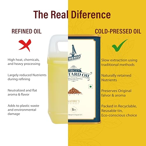 Image of Chekko Cold Pressed Mustard Oil 5 Litre Tin | Kachi Ghani Yellow Mustard Oil | 100% Pure Wood Pressed Edible Cooking Oil for Frying, Pickles, Sauteing & Traditional Indian Cooking | Natural Unrefined Mustard Oil Bulk Pack for Daily Kitchen Use