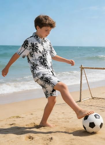 Image of UNICOMIDEA Boys Hawaiian Outfits Tropical Print Button Down Shirt + Swim Trunks 2 Piece Sets for 5-12T Kids