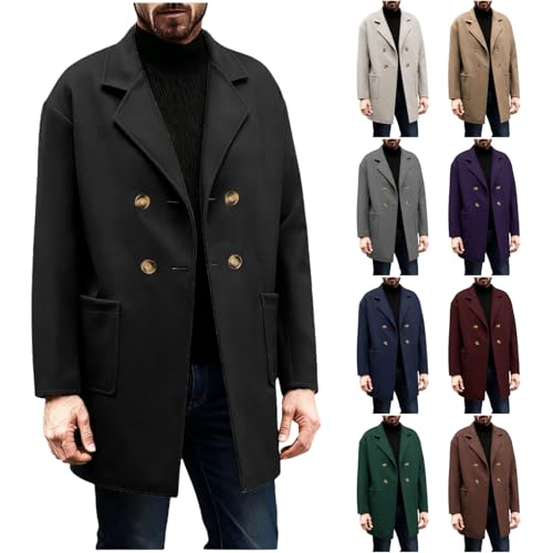 Image of Trench Coat Men Notched Collar Double Breasted Pea Coat Fall Winter Fashion Overcoat Plus Size Mid Long Wool Peacoat