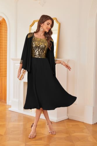 Image of GRACE KARIN Formal Wedding Guest Dress Sequin Mother of The Bride Dresses | Two Piece,3 /4 Sleeve,Tea Length,Crew Neck,Fit and Flare,Chiffon,Suitable for Spring /Summer /Fall /Winter /Cocktail /Party /Prom