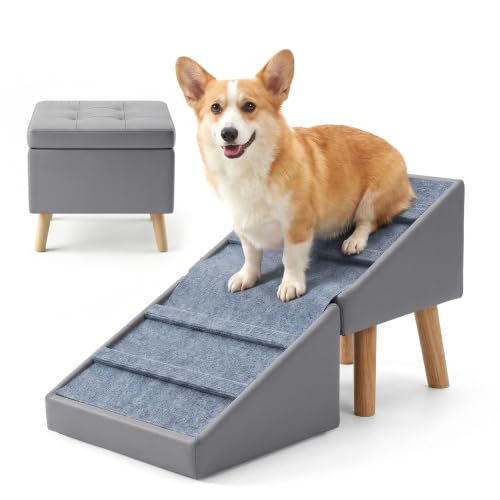 Kunffiyso Dog Ramp for Small Dogs 18.5 Extra Wide 3-in-1 Dog Stair with Foldable Ottoman & Hidden Storage Design 15.7 H Safer Leather Pet Steps for Couch Sofa (Grey)