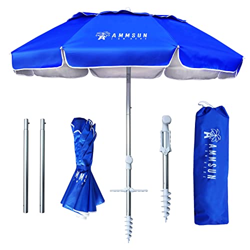 AMMSUN 6ft Folded Portable Travel Beach Umbrella with Sand Anchor Tilt Air vent UPF 50+UV Protection Fit In Suitcase Compact Foldable Telescopic umbrellas for Patio Garden Beach Pool Blue