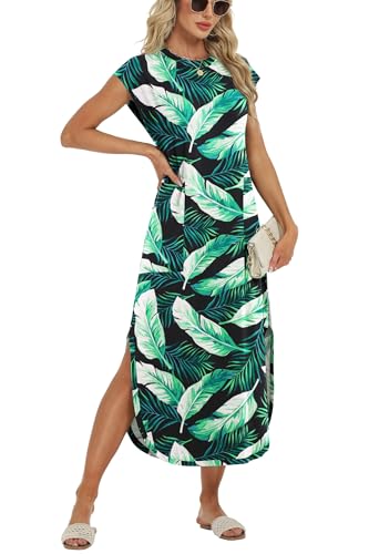 Image of HiMONE Beach Vacation Dresses for Women 2025 Sundress Cap Sleeves Casual Maxi Beach Dress with Pockets XS-2XL