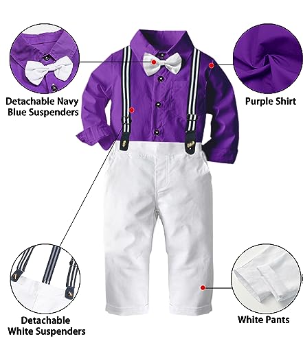Image of SANGTREE Boys Gentleman Clothes Set, Short Sleeve Shirt with Bowtie + Suspender Pants Outfit, 3 Months - 6 Years
