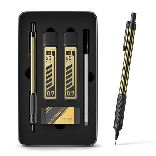 STAGEEK 0.7mm Mechanical Pencil with Metal Gift Case, 1PCS Metal Mechanical Pencil with 120Pcs HB Lead Refills,4B Erasers and 9PCS Eraser Refills, for Writing Drafting Drawing and Sketching(Gold)