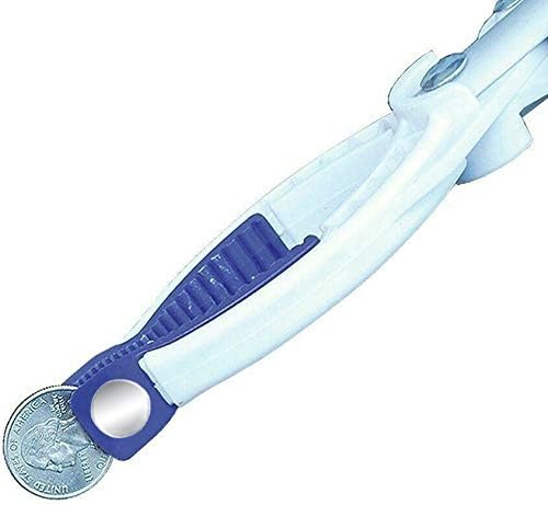 The GRABBER BUDDY Reacher Tool's jaw gripping a quarter coin.