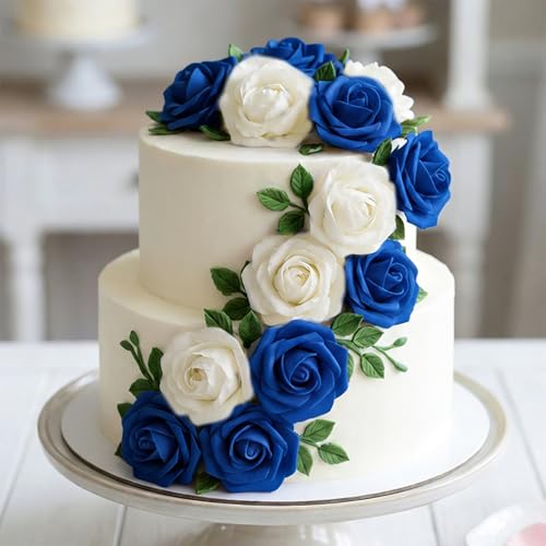 Image of 100Pcs Real Looking Blue and White Blend Artificial Rose Flower Heads, Foam Fake Roses for DIY Wedding Decorations Baby Shower Centerpieces Home Party Valentine's Day Mother's Day Decor