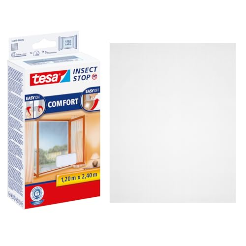 tesa Insect Stop Comfort Fliegengitter für bodentiefe Fenster - Insektenschutz selbstklebend - Fliegen Netz ohne Bohren - 120 cm x 240 cm - Weiß (Leichter Sichtschutz)