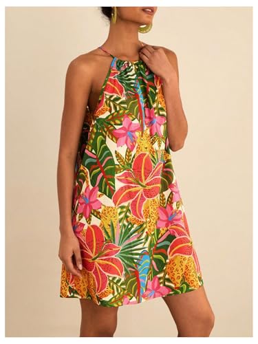 Image of SweatyRocks Women's Tropical Print Halter Dresses Sleeveless Holiday Summer Mini Dress