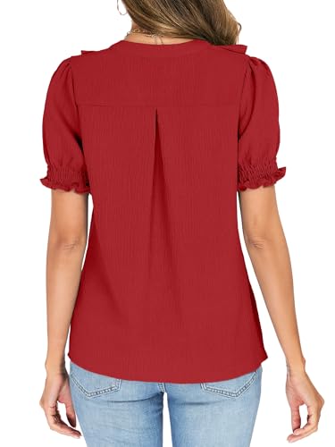 Funlingo Blouses for Women Dressy Casual Short Puff Sleeve Business Work Tops Summer V Neck Ruffle Shirts Office Clothes Smocked Cuffs Red L — view 5