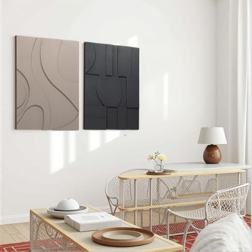 OIUYTOH Modern Abstract 3D Textured Wall Art Neutral Artwork Geometric Black Textured Sandstone Painting Prints 24x36 Inch, Living Room, Bedroom, Home Office Decor