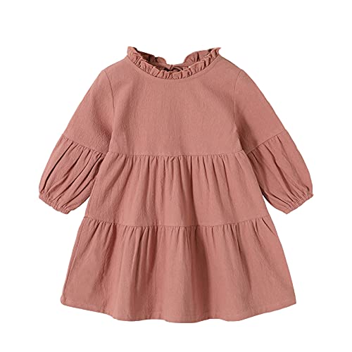 Toddler Kids Baby Girl Dress Lantern Long Sleeve Solid Color Casual Dresses Girls Fall Winter Outfit Clothes (3-4T, Deep Pink)